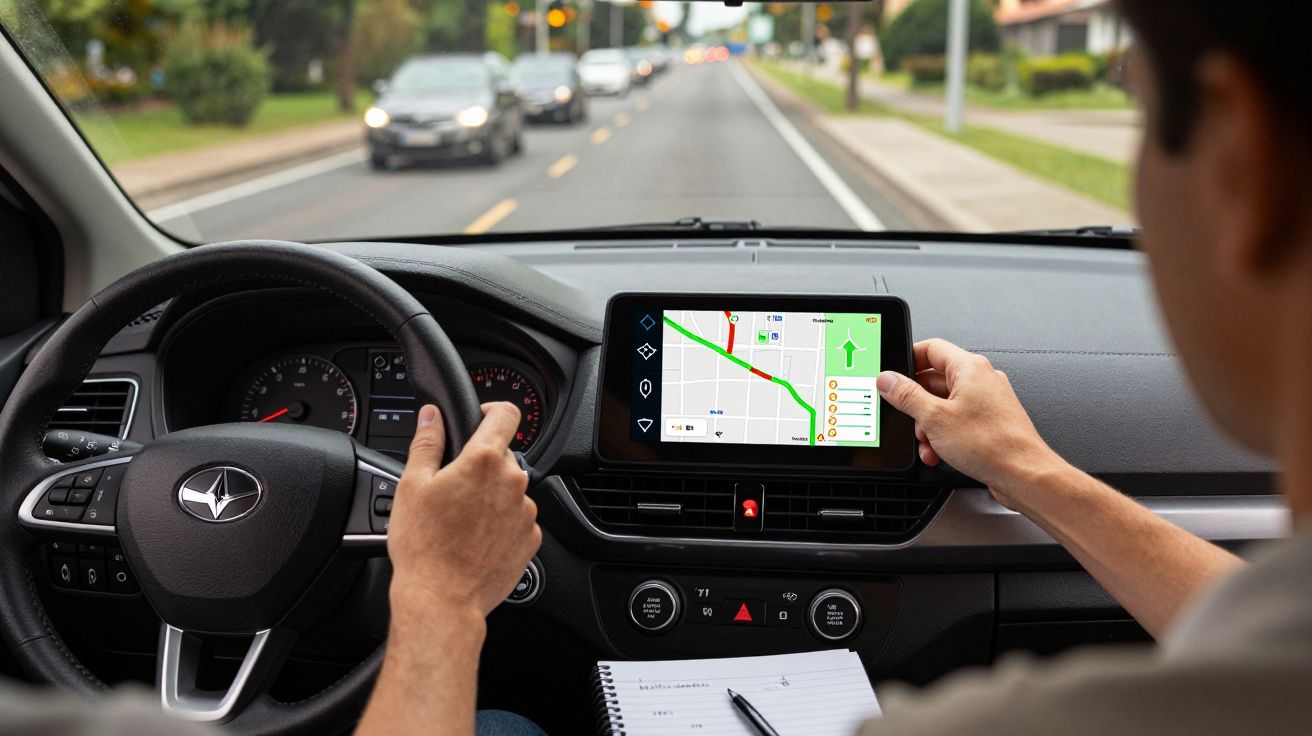 Condutor a usar GPS num carro em movimento numa estrada de várias faixas, com tráfego e árvores ao fundo.