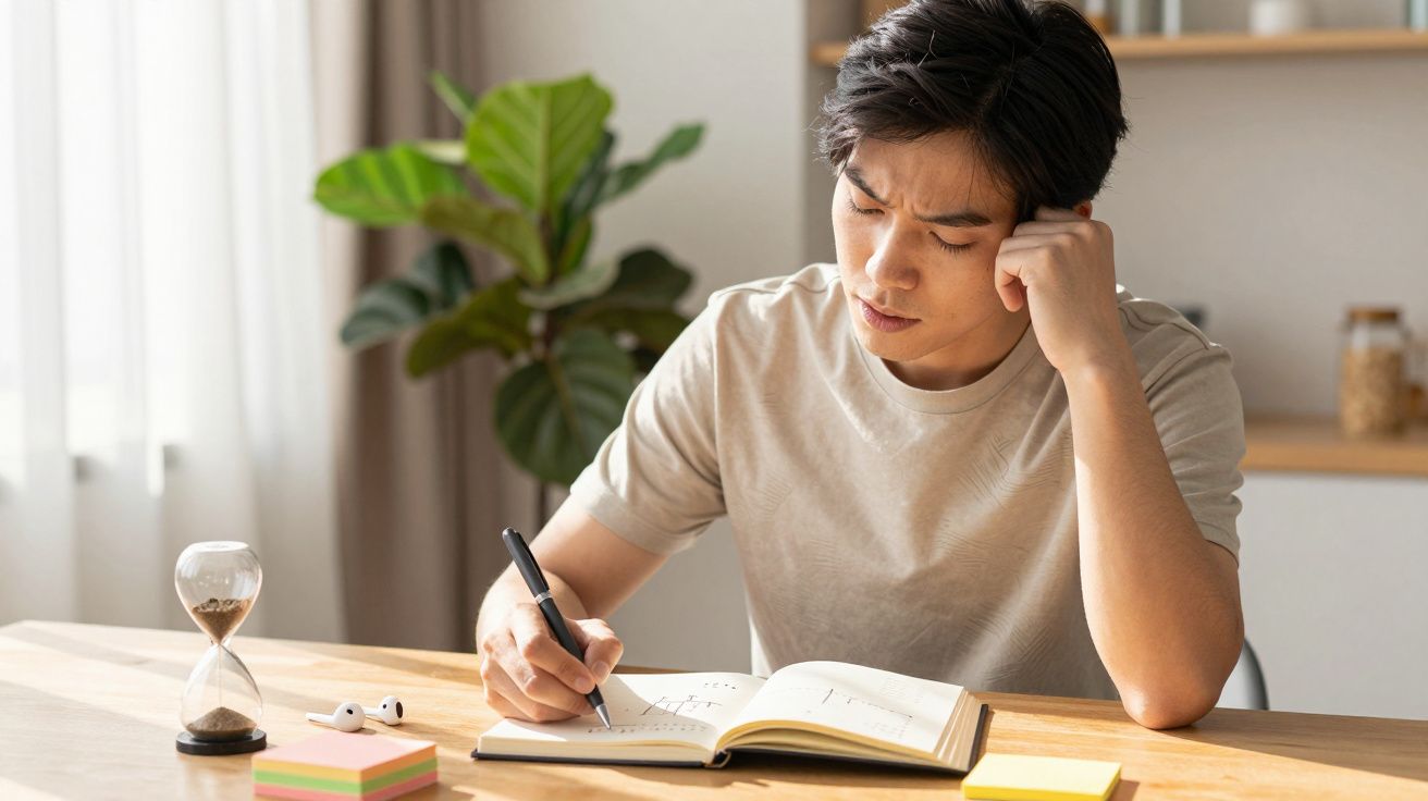 Homem pensa enquanto escreve em caderno numa mesa com ampulheta e plantas ao fundo.