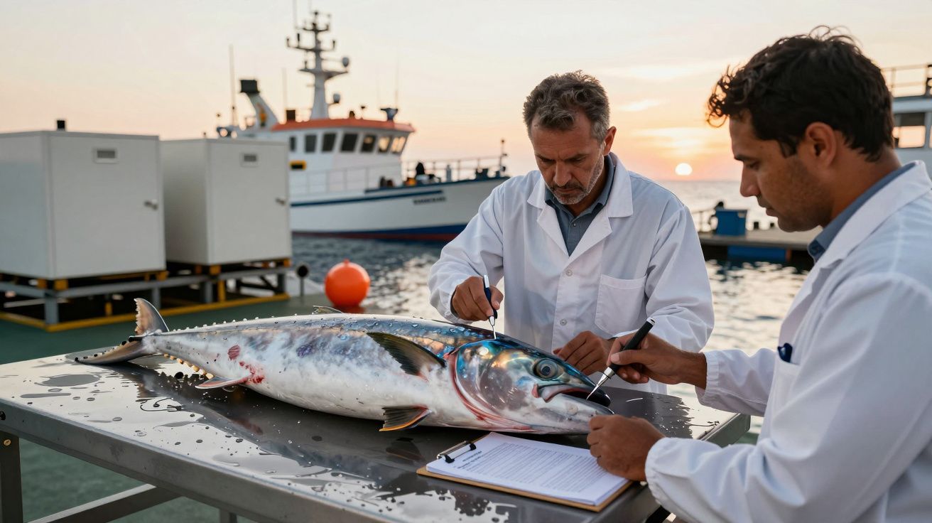 Dois cientistas analisam um peixe num cais, com um barco de pesca ao fundo ao pôr do sol.