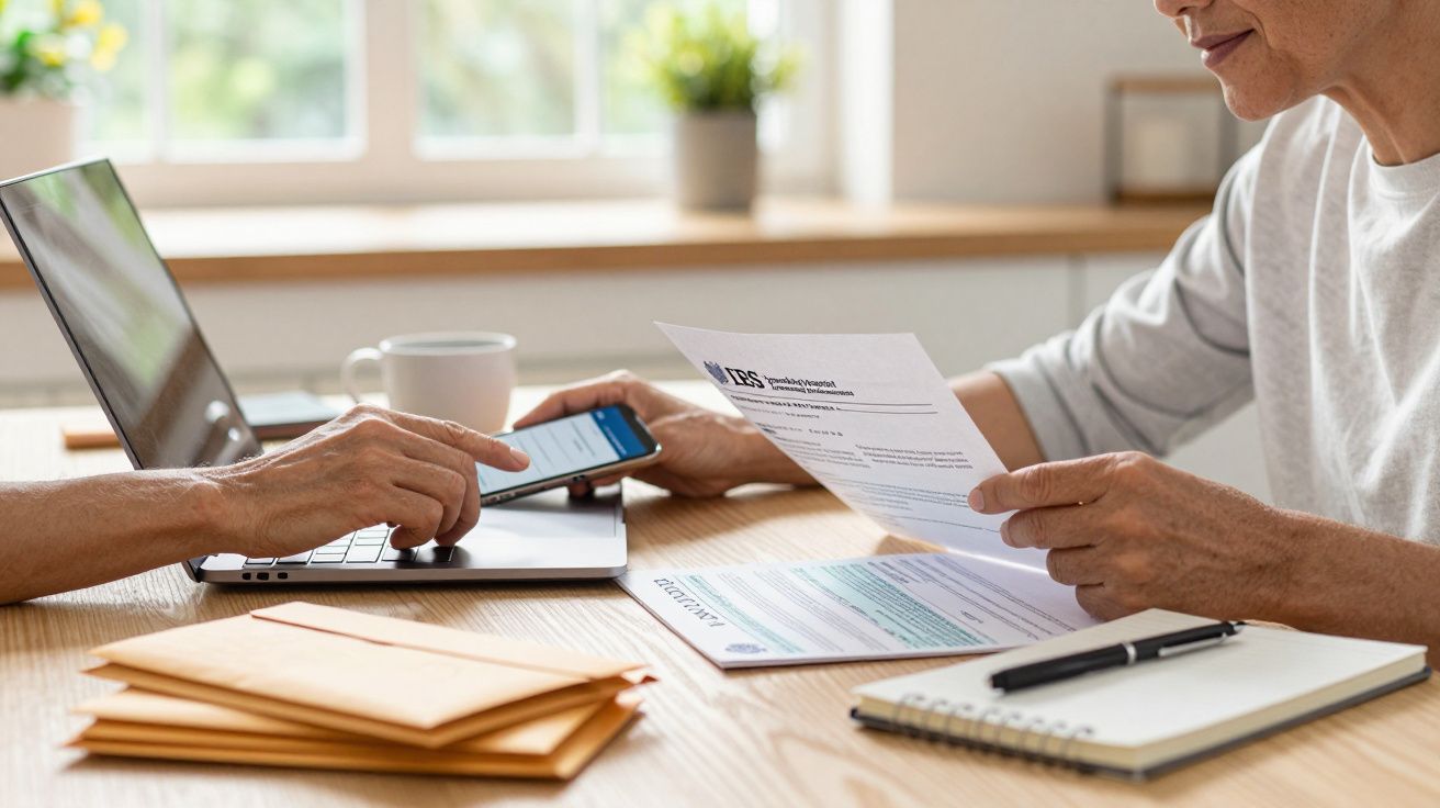 Duas pessoas analisam documentos e utilizam um portátil num escritório iluminado com janelas ao fundo.