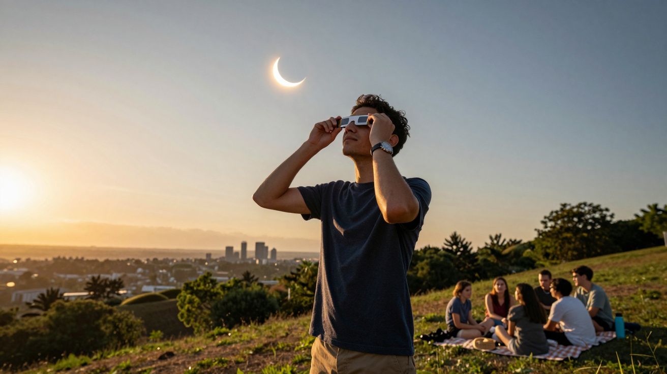 Homem observa eclipse solar com óculos especiais; grupo de amigos faz piquenique em colina ao fundo.