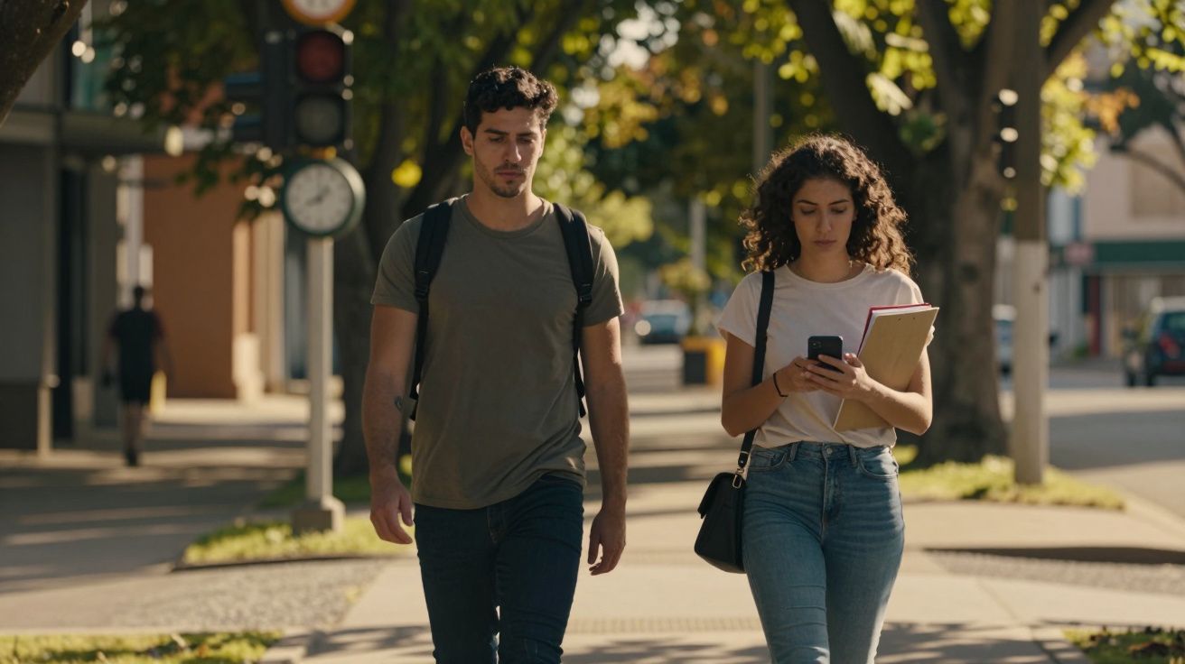 Um homem e uma mulher caminham numa rua arborizada, ela olha para o telemóvel e segura cadernos.