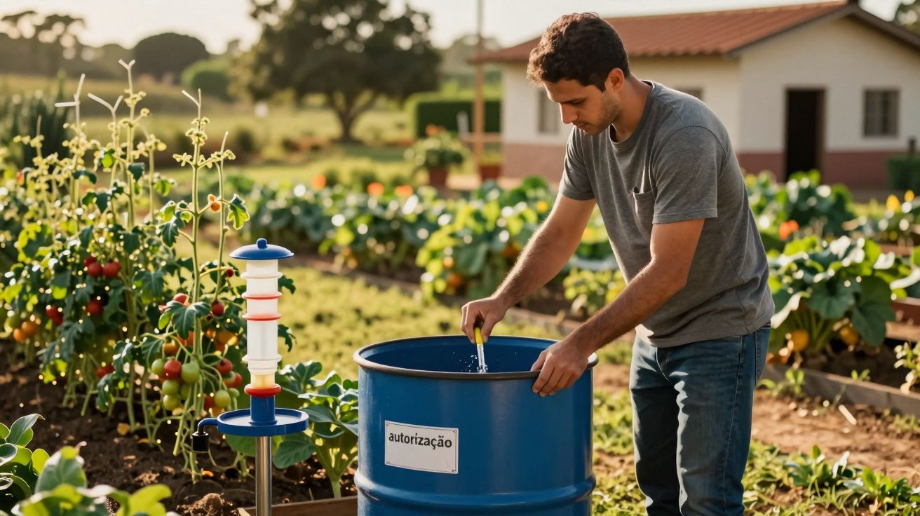 Homem mexe líquido num barril azul em horta ao ar livre, com legumes ao fundo e uma casa distante.