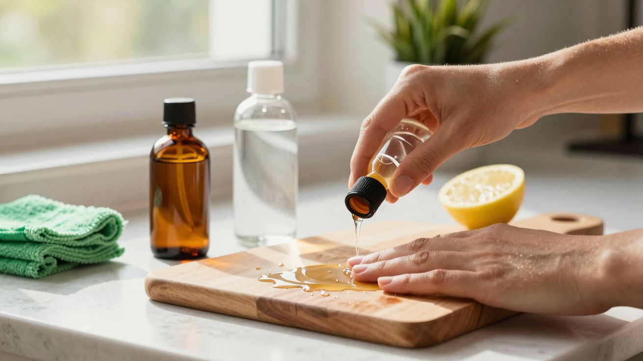 Mãos despejando óleo em tábua de madeira, com garrafas e metade de limão em fundo desfocado.