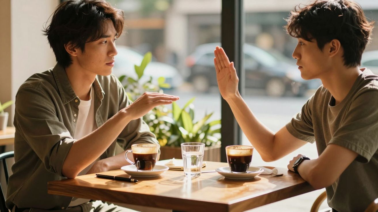 Dois homens conversam num café, gesticulando, com chávenas de café e um copo de água sobre a mesa.