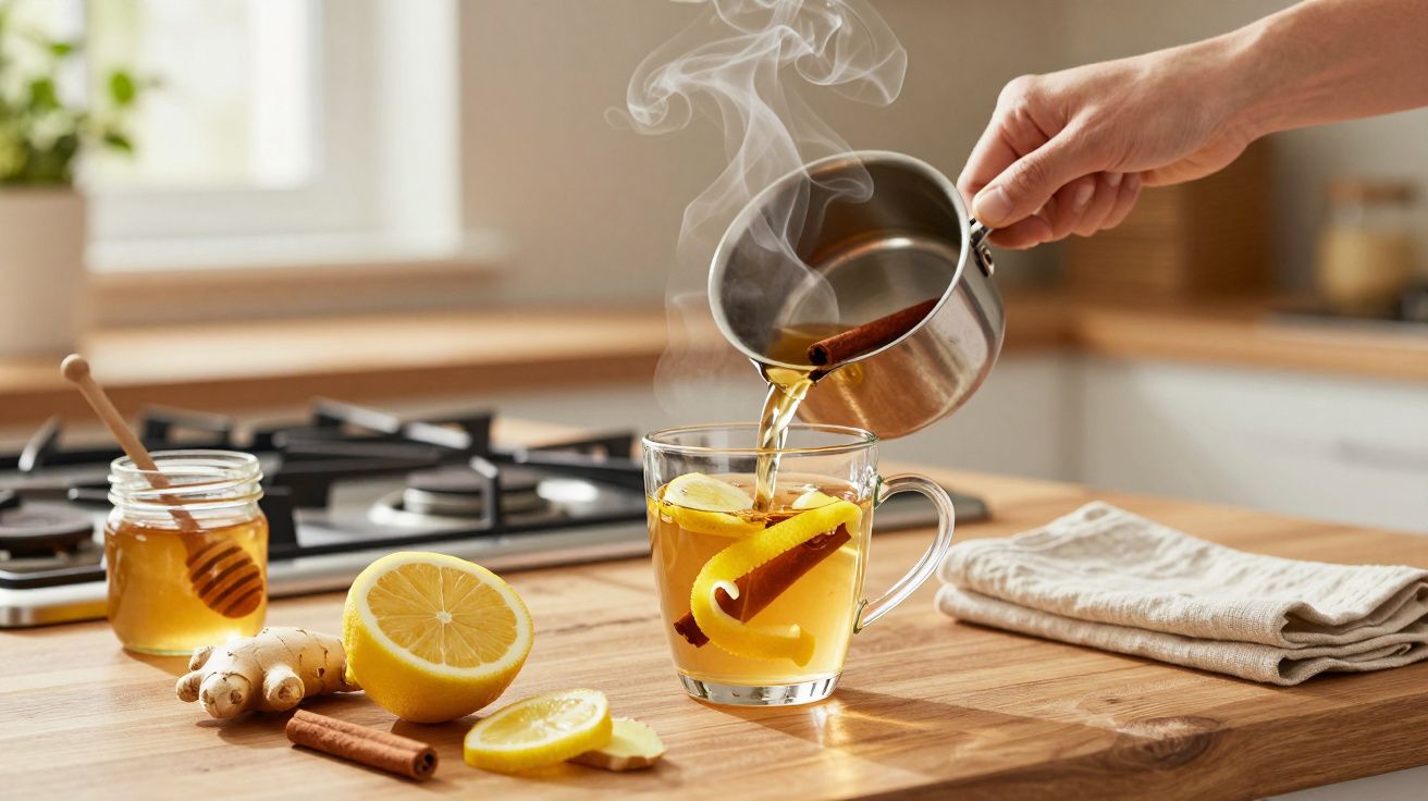 Pessoa a verter chá quente numa chávena com limão e canela; na bancada, mel, gengibre e mais canela.
