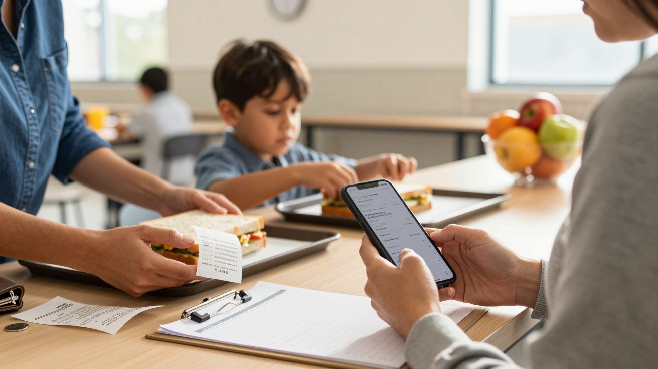 Mulher segura smartphone enquanto criança prepara sanduíche. Mesa com tabuleiro, bloco de notas e fruteira ao fundo.