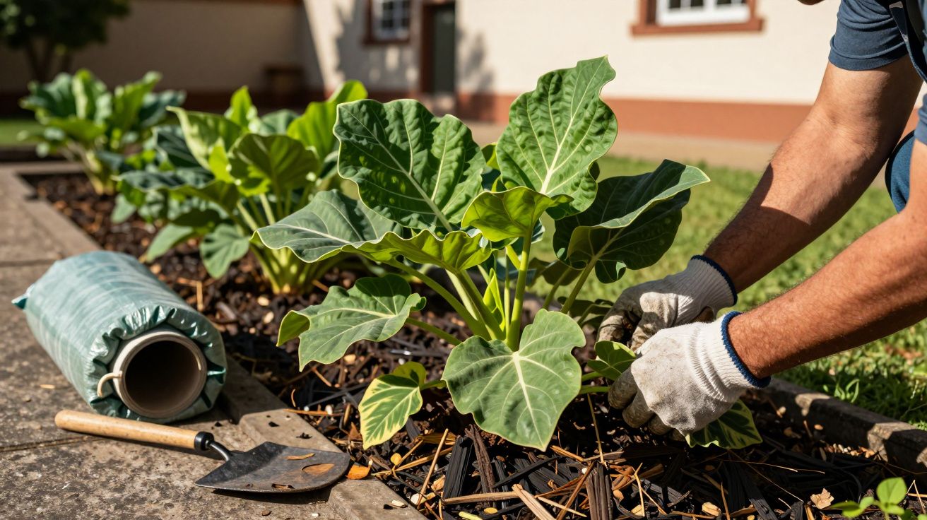 Homem de luvas cuidando de plantas jovens num jardim, com uma pá e regador ao lado.