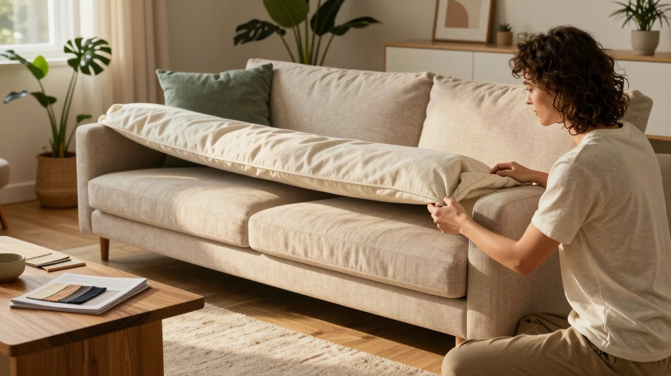 Pessoa a arrumar uma almofada do sofá bege numa sala com plantas e mesa de madeira.