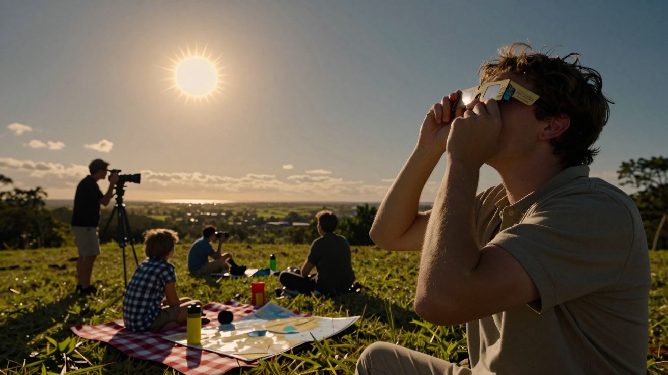 Grupo de pessoas observa eclipse solar numa colina, usando óculos especiais e com um piquenique ao entardecer.