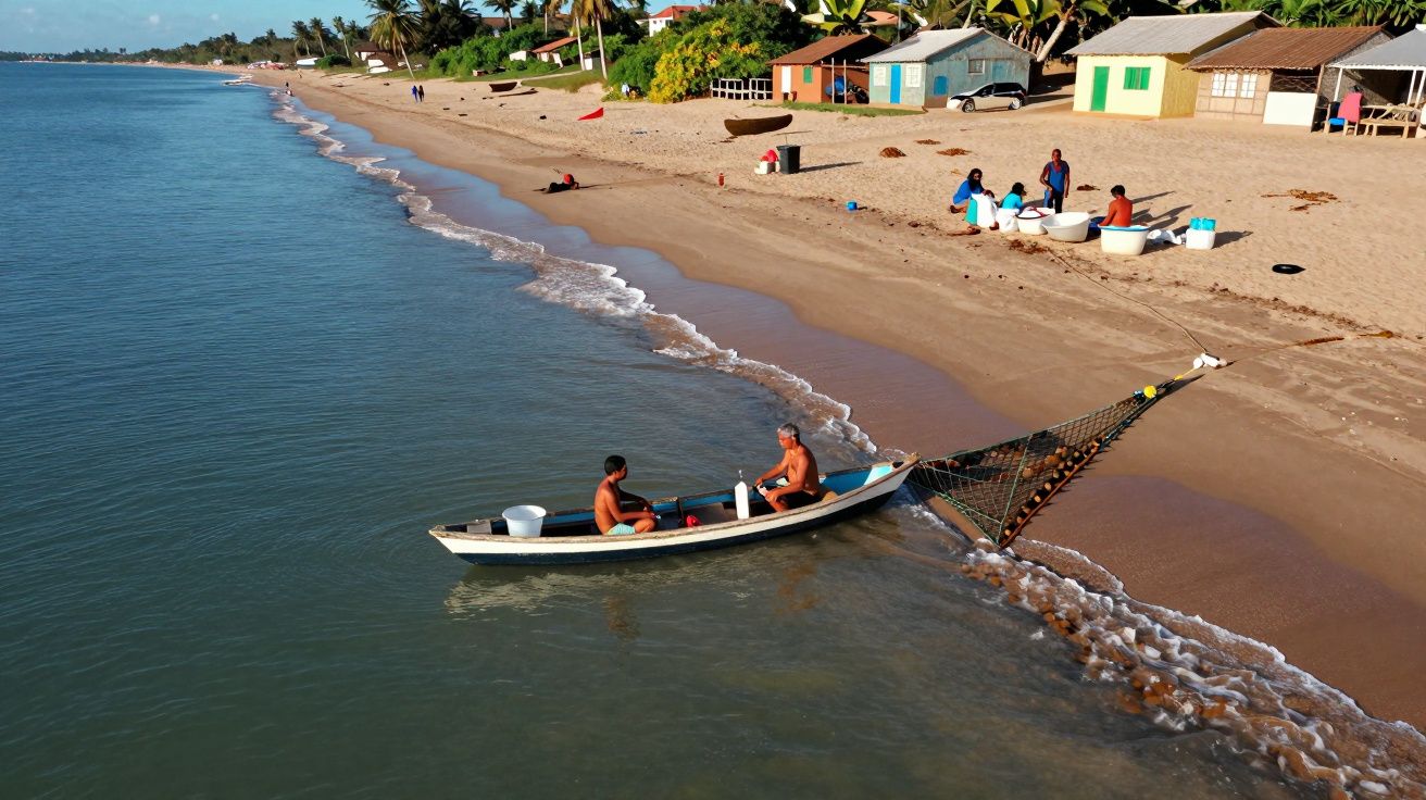 Homens numa canoa próxima da praia, pescadores ao fundo a preparar redes e cabanas coloridas na areia.