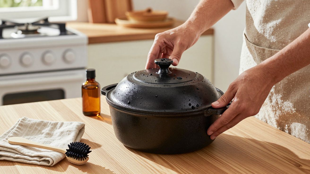 Pessoa numa cozinha coloca tampa num tacho de ferro fundido sobre bancada de madeira.