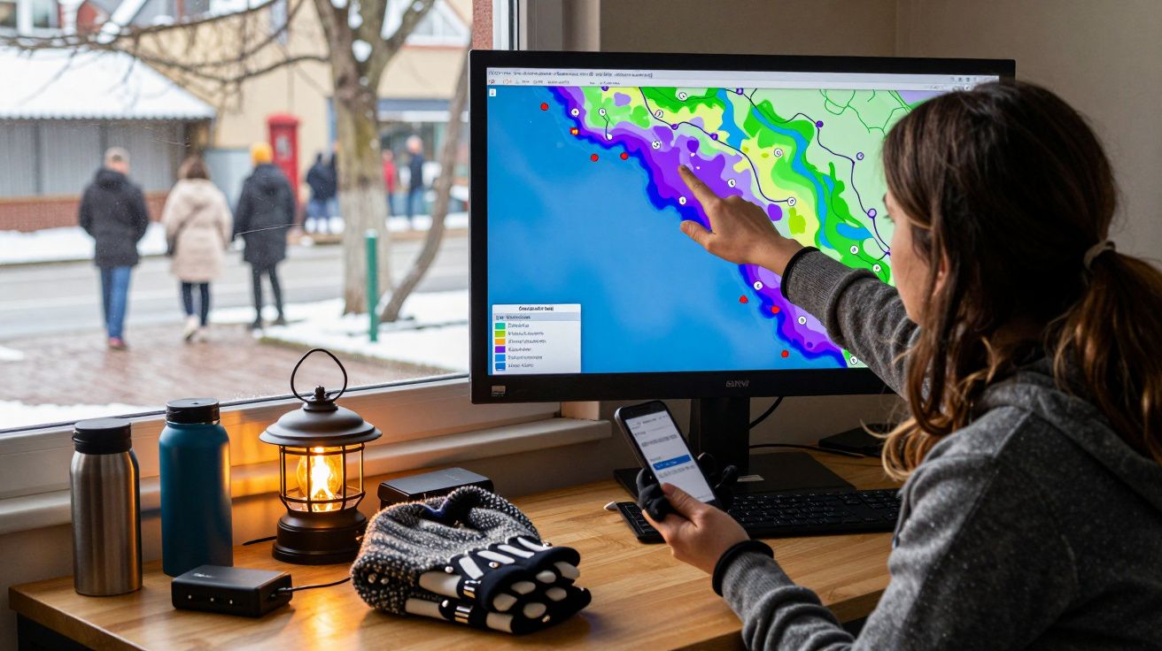 Mulher aponta para mapa meteorológico no computador enquanto segura telemóvel, com uma lanterna acesa na secretária.