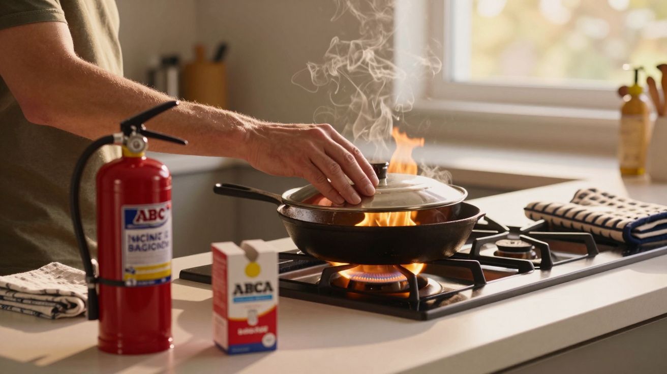 Pessoa tapa frigideira em chamas no fogão com extintor e embalagem de bicarbonato ao lado.