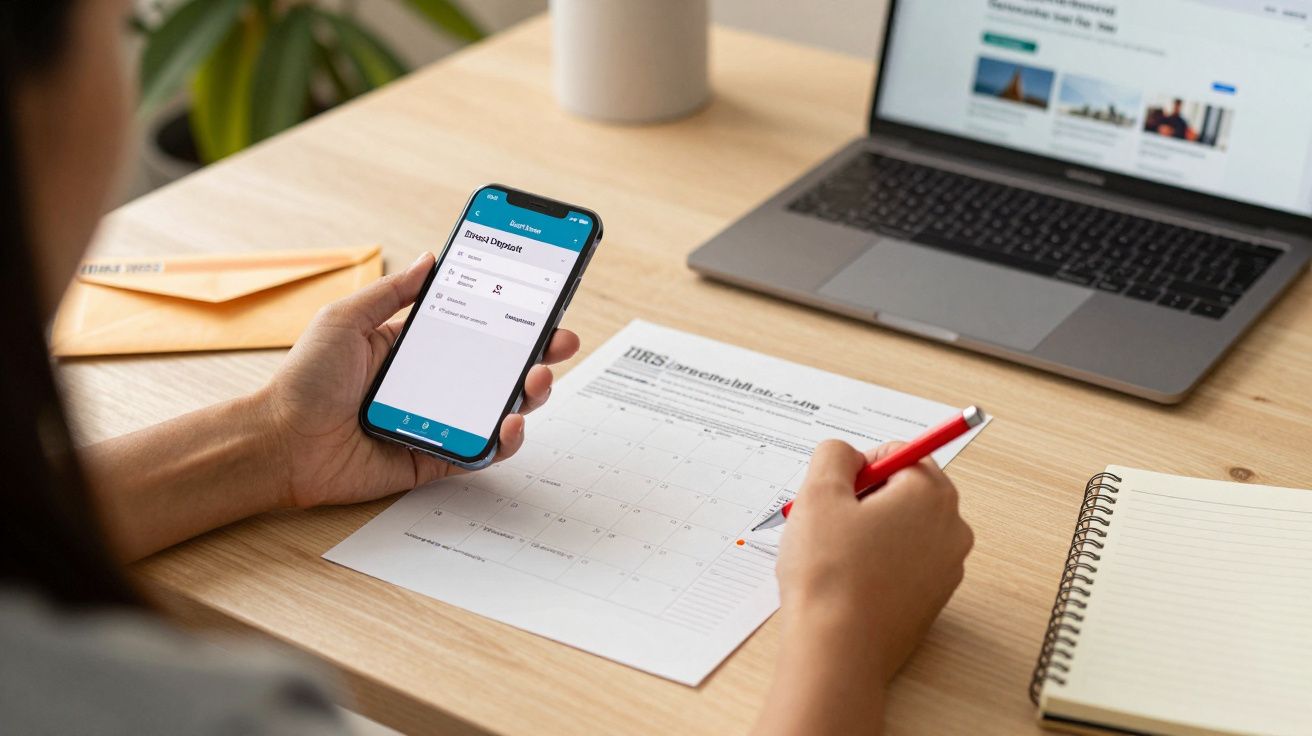 Pessoa usando smartphone e laptop numa mesa, preenchendo um documento com caneta vermelha.