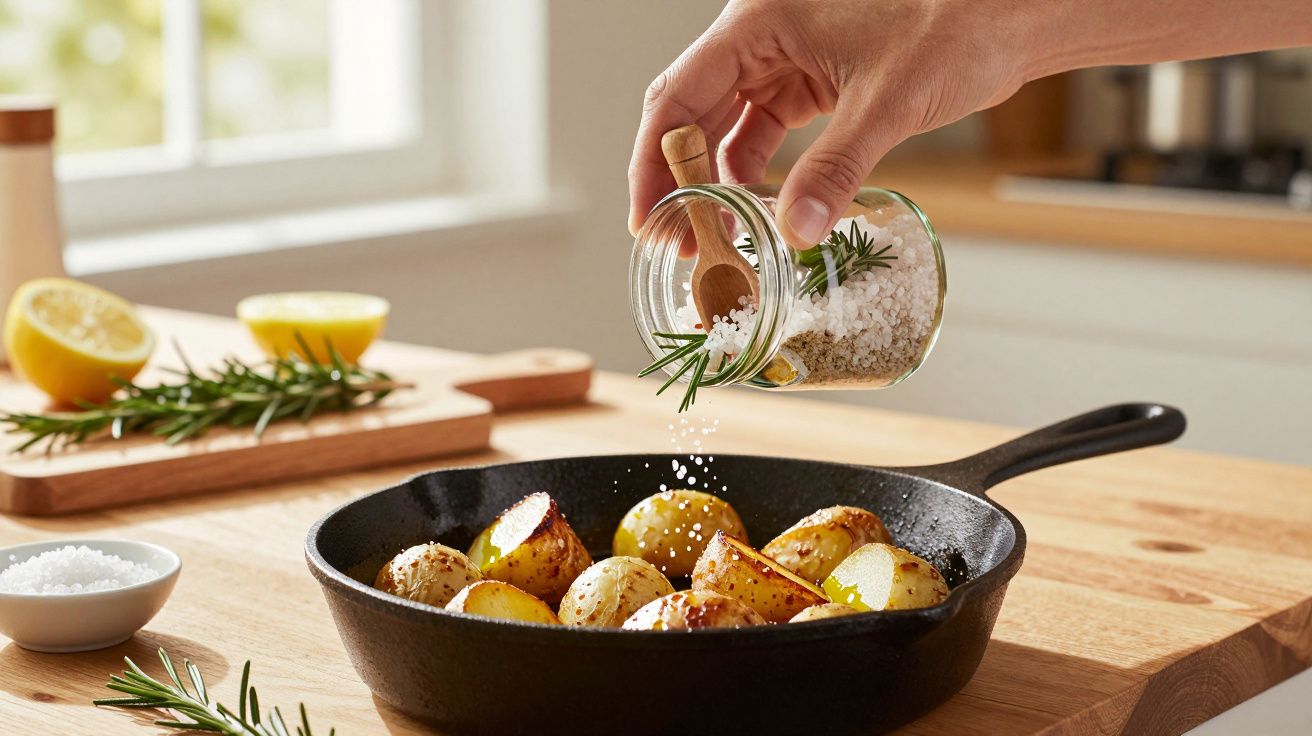 Mão adiciona sal com alecrim sobre batatas em frigideira de ferro; ao fundo, limão e alecrim em tábua de madeira.