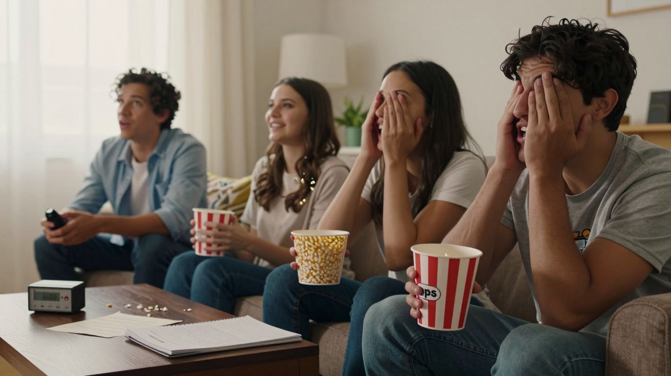 Quatro jovens assistem a um filme, expressando emoções variadas, com baldes de pipocas na sala de estar.