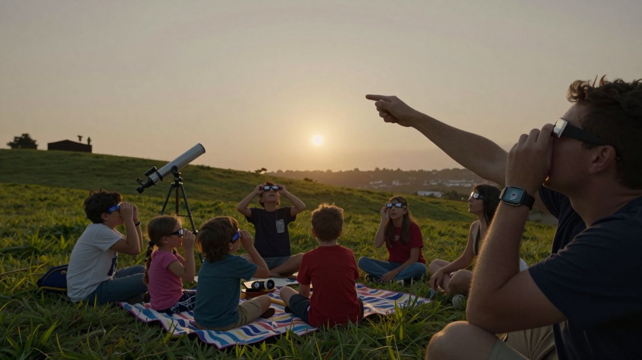 Pessoas observam o pôr do sol com óculos especiais num campo, ao lado de um telescópio.