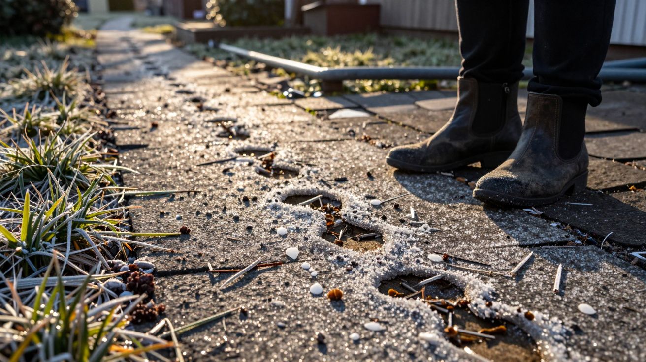Pessoa com botas em caminho de lajes parcialmente coberto por geada, rodeado de relva e cascalho.