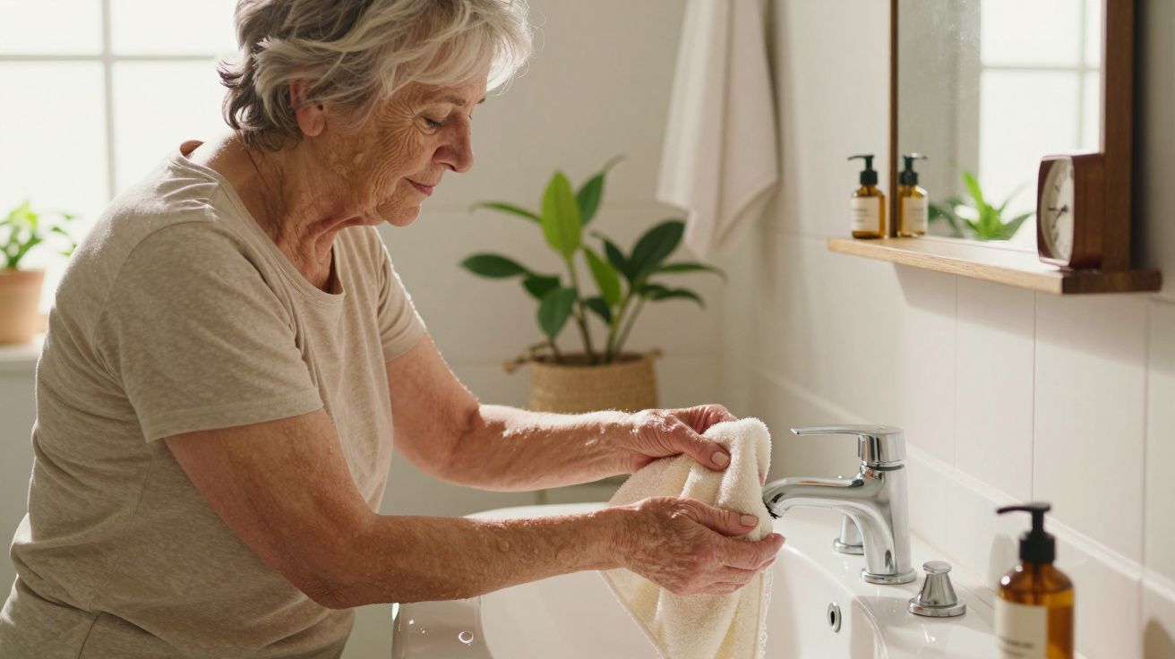 Mulher idosa a secar as mãos com uma toalha numa casa de banho bem iluminada, com plantas e frascos no fundo.