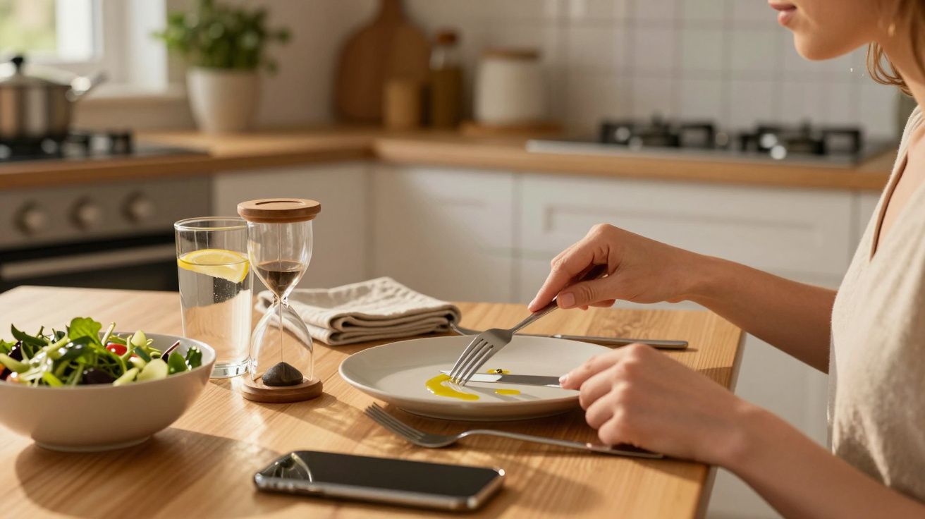 Pessoa à mesa com prato vazio, salada, copo d'água e ampulheta ao lado. Telefone sobre a mesa.
