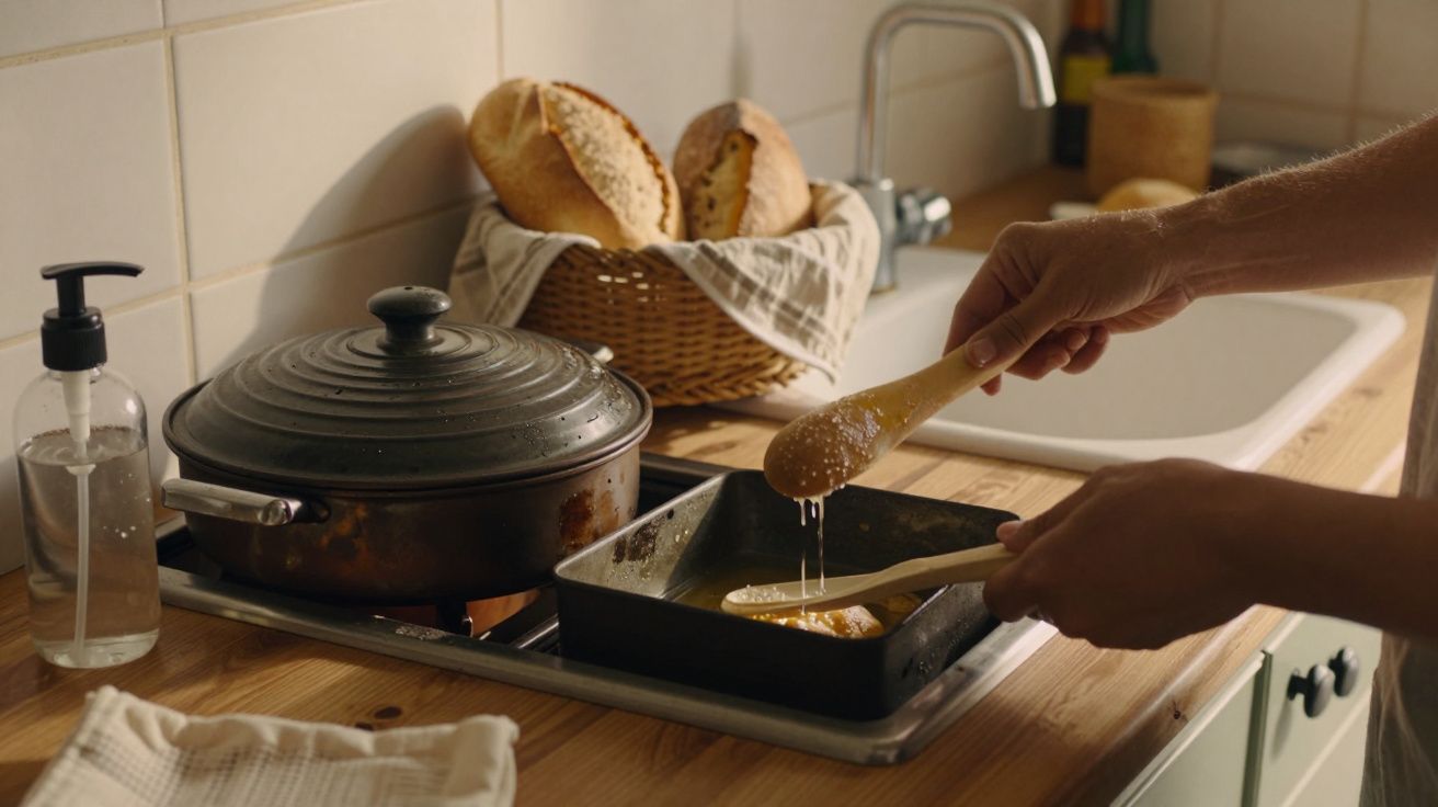 Mãos cozinhando na cozinha, usando uma colher de madeira para regar comida num tabuleiro. Paneira de pão ao fundo.