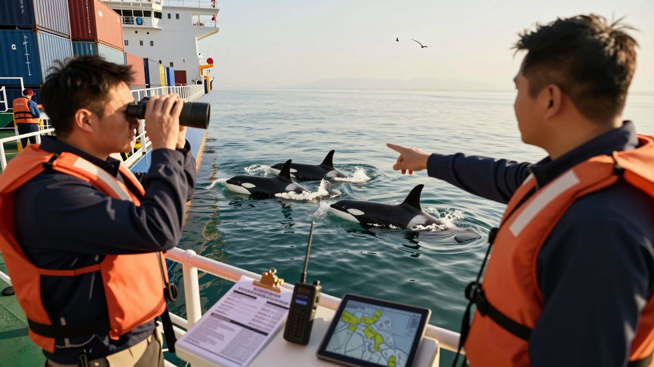 Dois homens em um barco observam orcas nadando próximas, um aponta e o outro usa binóculos.