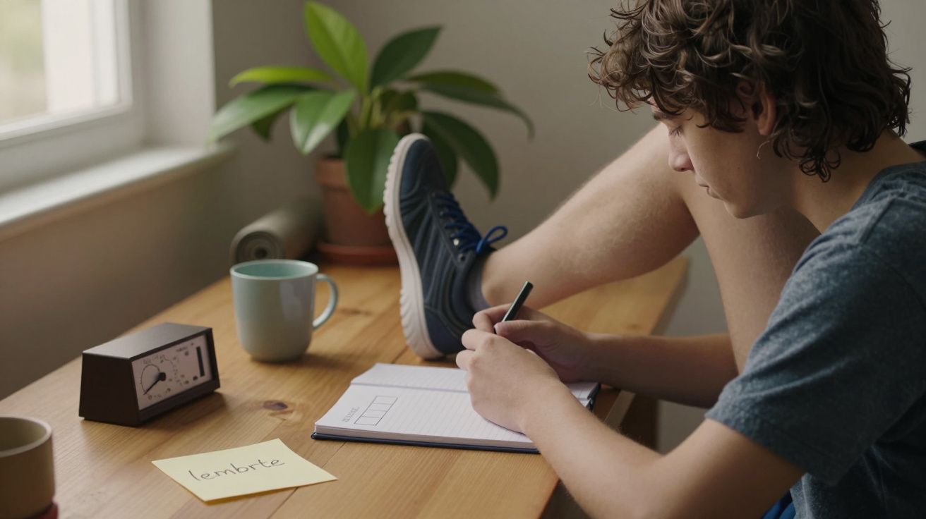 Adolescente escrevendo num caderno em mesa de madeira, com planta, chávena e um lembrete ao lado.