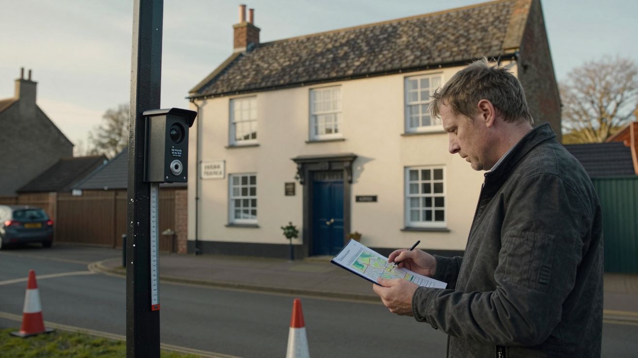 Homem observa coluna com câmara e toma notas num bloco, com casa branca ao fundo e cones de trânsito na rua.