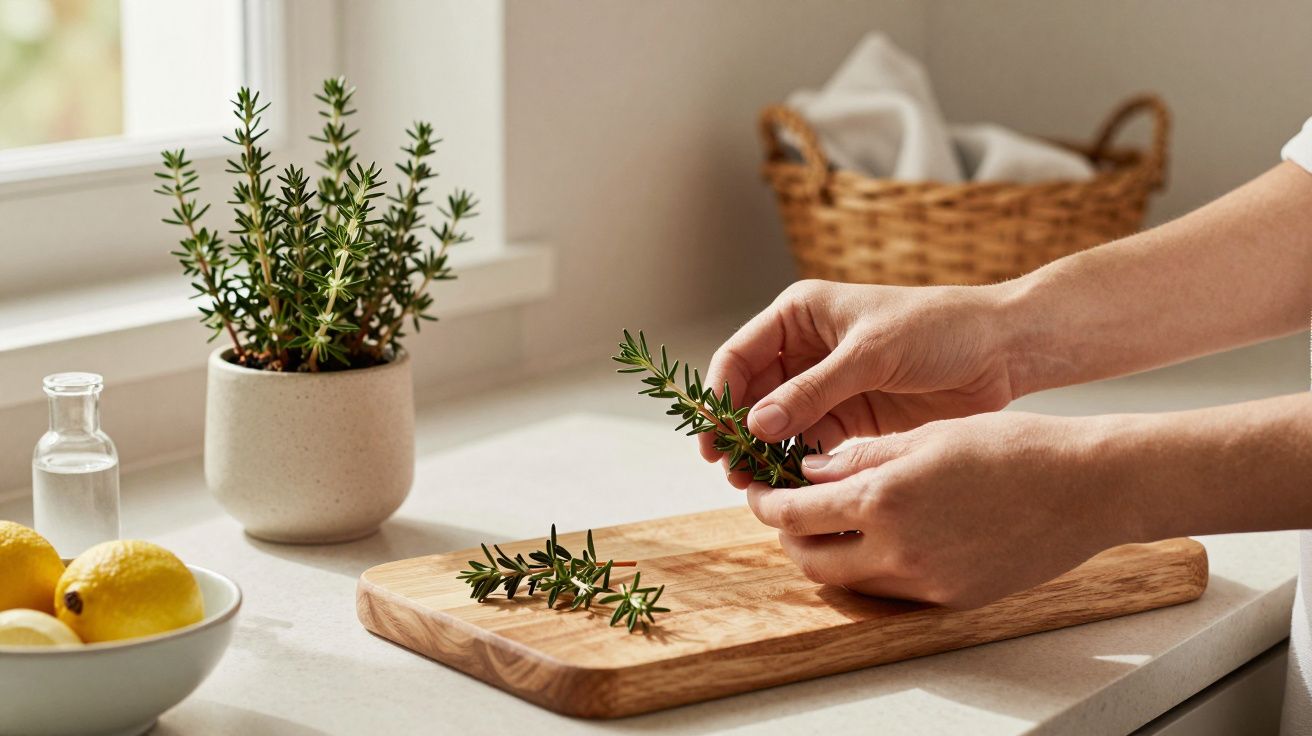 Mãos preparam ramos de alecrim numa tábua de madeira, com limões e alecrim num vaso ao fundo.