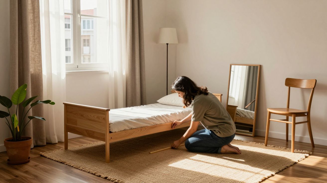Mulher ajoelhada mede cama de madeira em quarto iluminado com espelho, cadeira e planta.