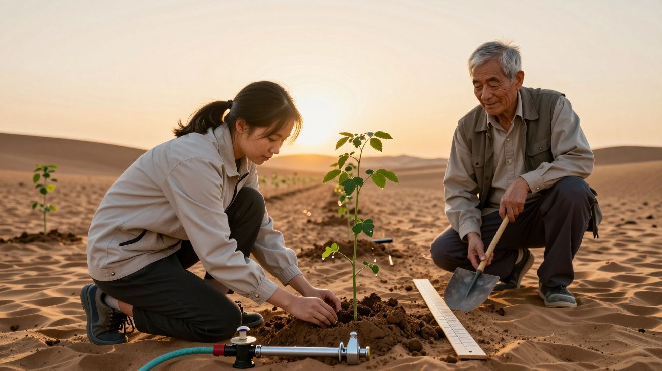 Duas pessoas plantam uma árvore no deserto ao pôr-do-sol, usando ferramentas de jardinagem e uma fita métrica.