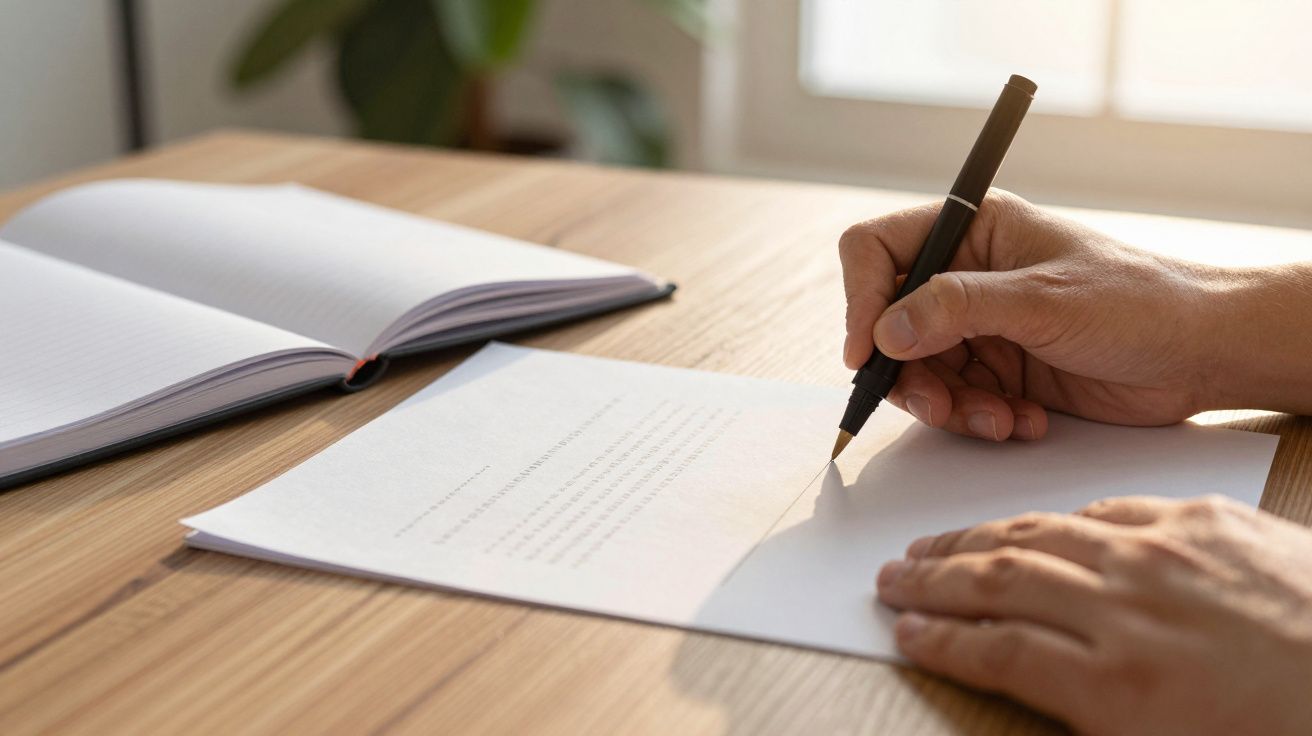 Mão a escrever num documento com caneta preta sobre mesa de madeira, caderno aberto ao fundo.