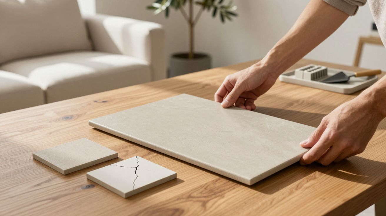 Pessoa ajusta azulejo grande numa mesa de madeira, ao lado de azulejos pequenos, um com uma racha.