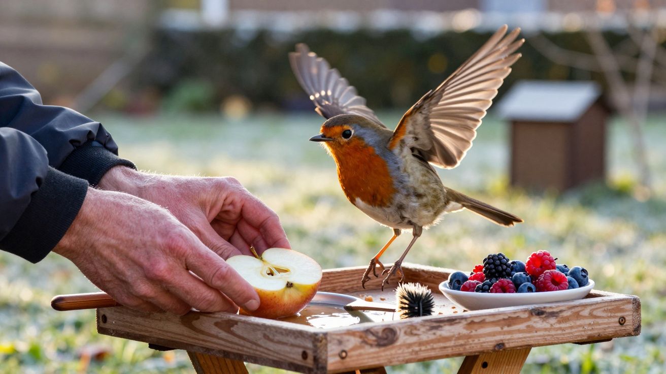 Mão a segurar maçã fatiada em mesa de madeira com prato de bagas, enquanto um pisco pousa ao lado, asas abertas.