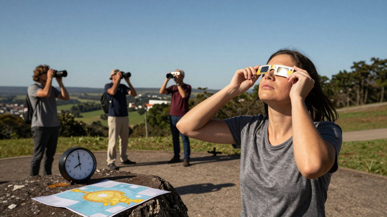 Grupo de pessoas observa o céu com óculos de proteção e binóculos. Mapa e relógio sobre uma pedra.