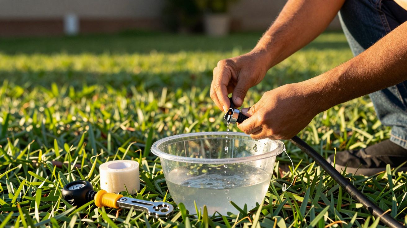 Mãos ajustam rega de jardim com mangueira e ferramentas sobre relva, próximo a um recipiente com água.