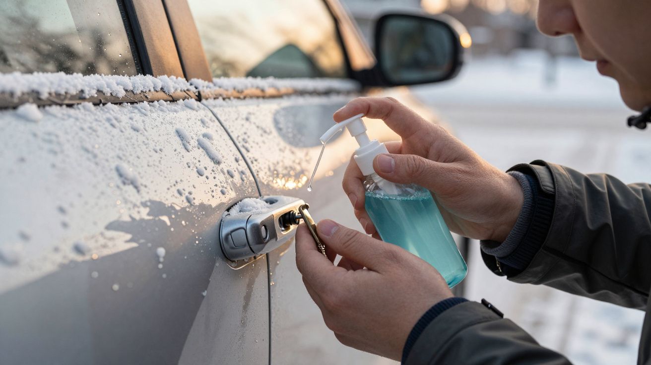 Mãos aplicando descongelante numa fechadura de carro coberta de neve.