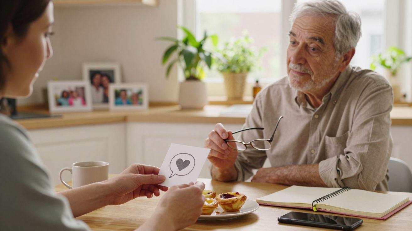 Pessoa idosa conversa com jovem à mesa, segurando cartão com coração enquanto toma café e come pastel de nata.