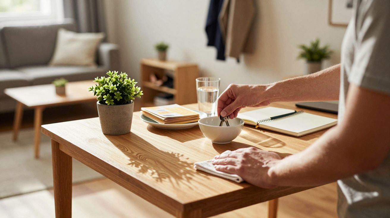 Pessoa a mexer chá numa sala iluminada, mesa com planta, cadernos e copo de água.