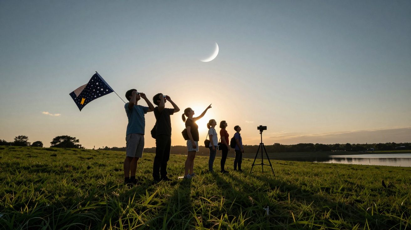 Grupo de pessoas observa a lua crescente num campo, uma segura uma bandeira, e há um tripé ao lado.