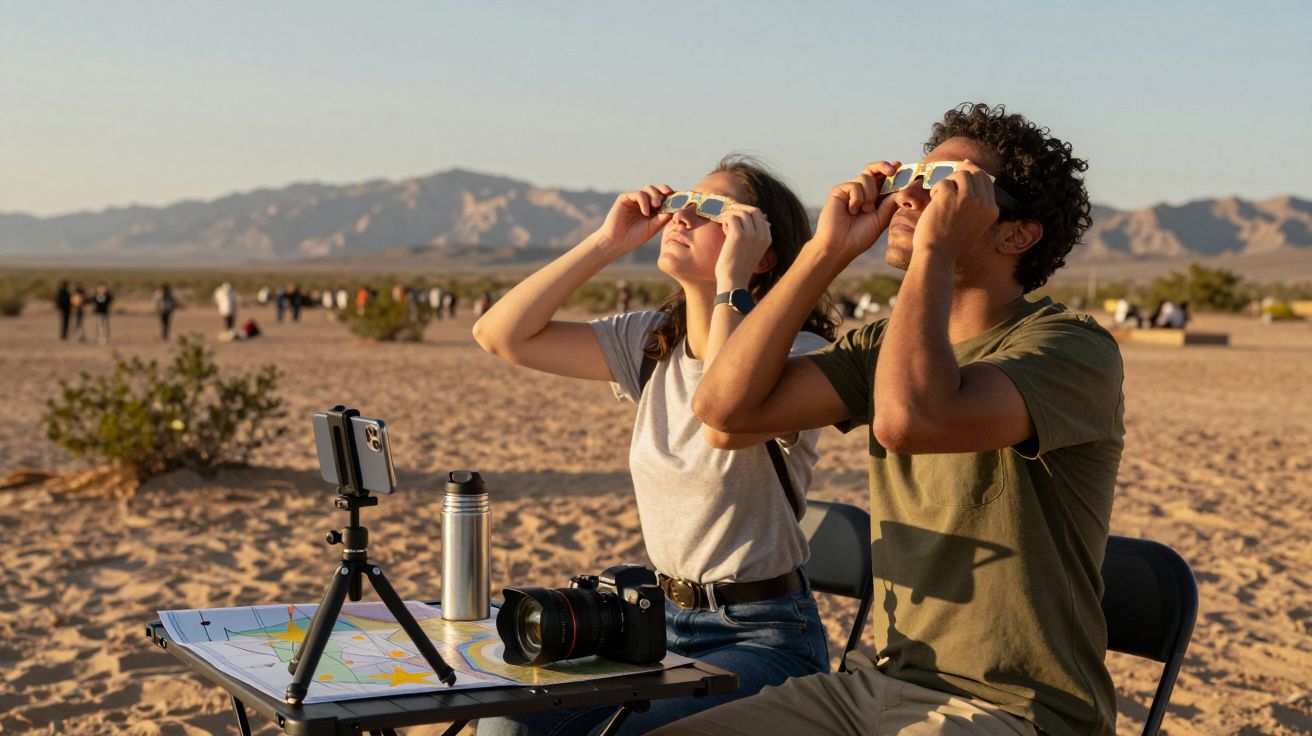 Uma mulher e um homem a observar o céu no deserto, usando óculos especiais.