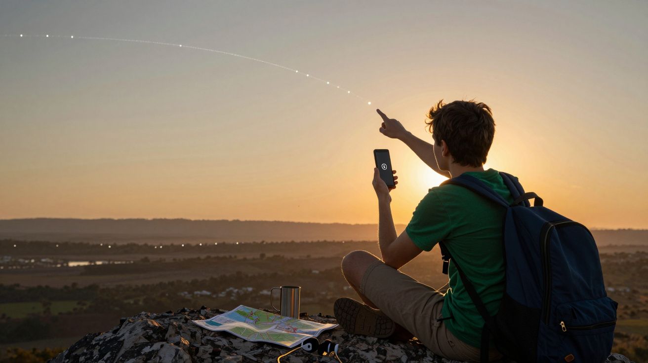 Rapaz sentado numa montanha ao pôr do sol, usa telemóvel e aponta para o céu, com mochila, mapa e caneca ao lado.