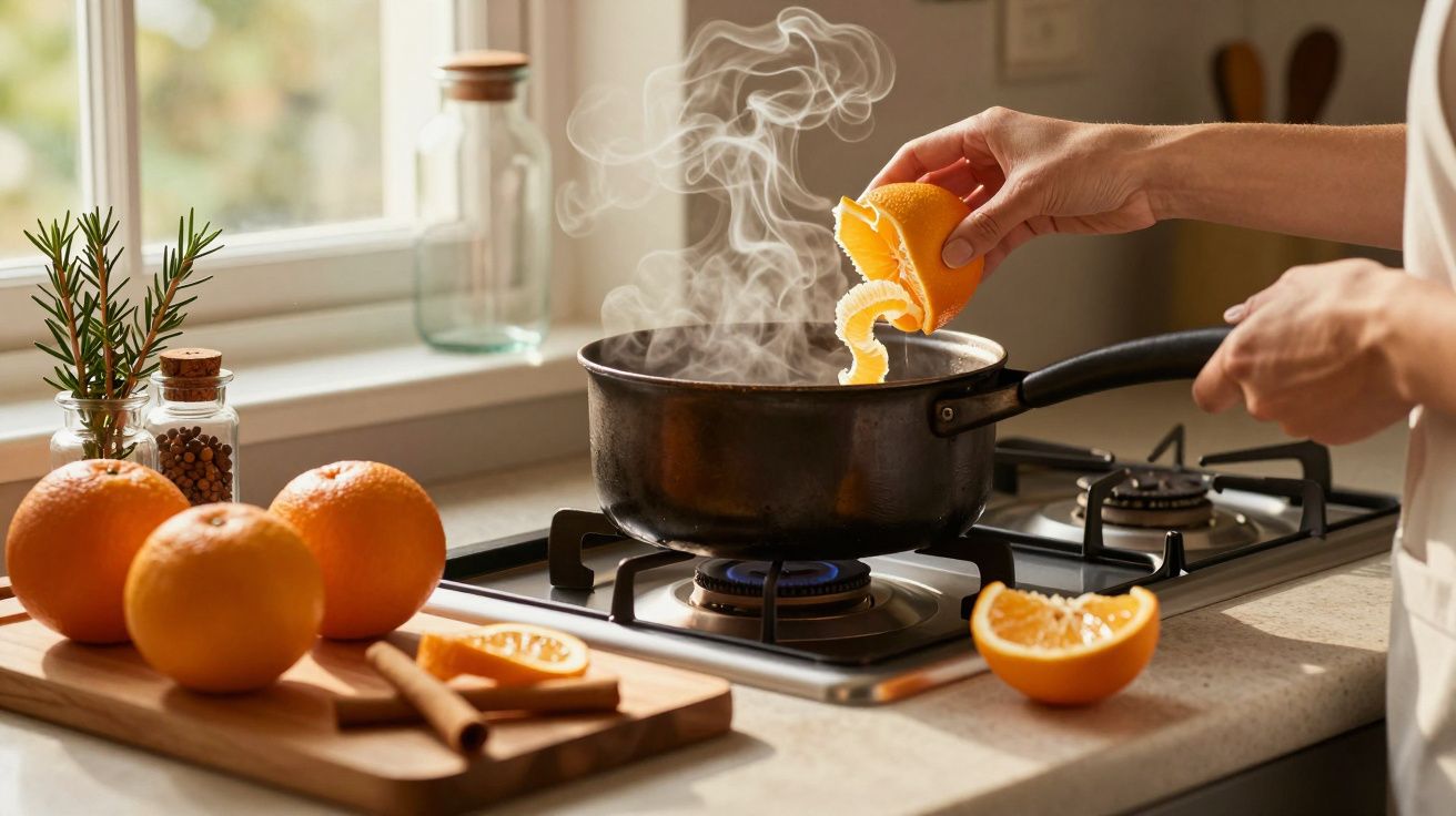 Pessoa adiciona casca de laranja a uma panela fumegante num fogão, com laranjas e especiarias ao lado.