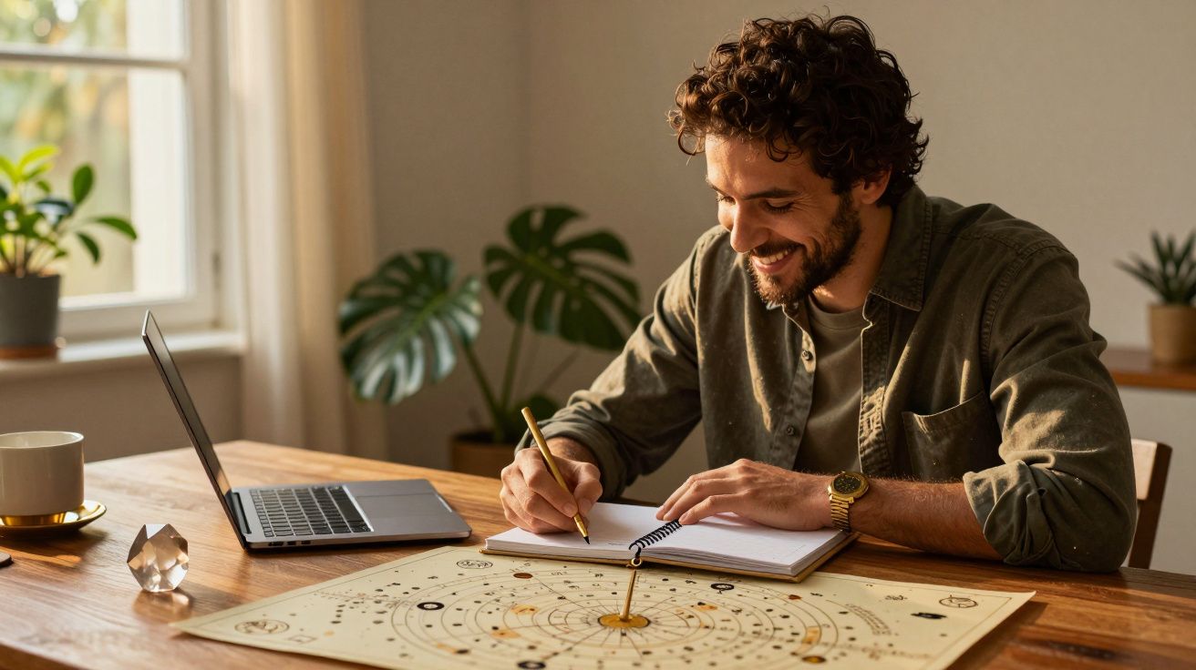 Homem sorridente escreve num bloco de notas em frente a um portátil numa mesa de madeira, com planta e cristal ao lado.