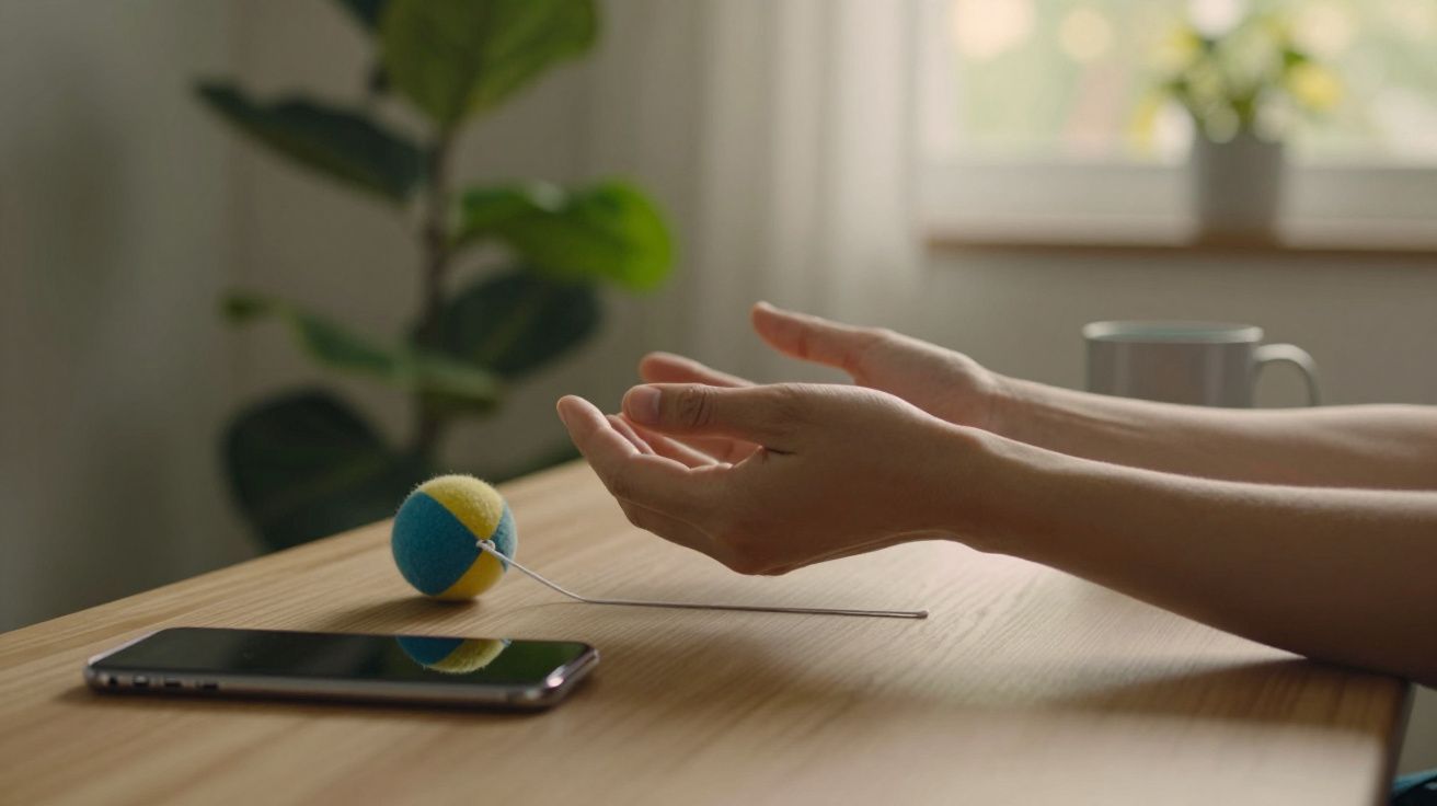 Mãos abertas sobre uma mesa com smartphone, bola colorida e planta ao fundo.