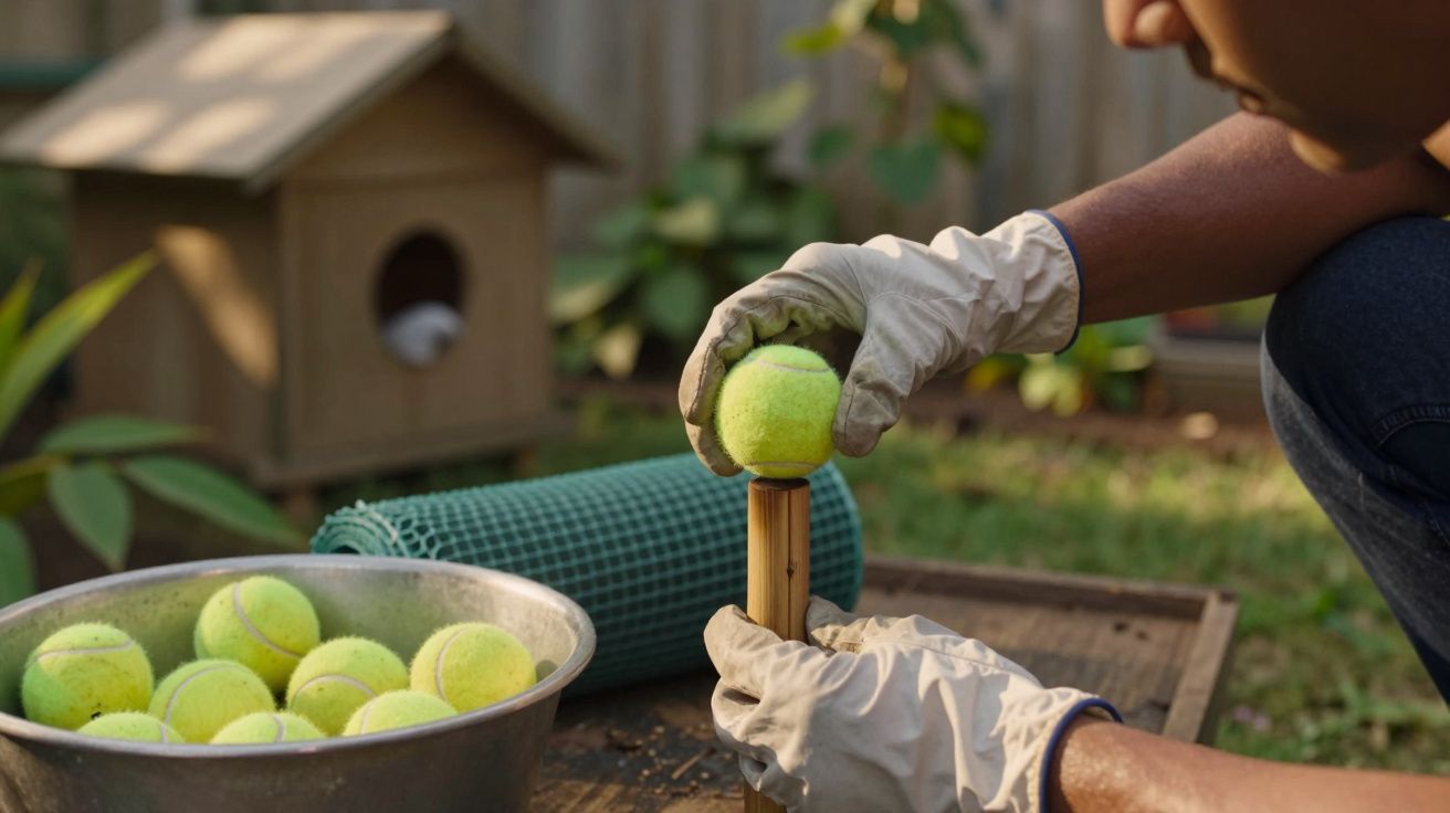 Pessoa com luvas colocando bola de ténis num suporte no jardim, ao lado de tigela com mais bolas e de uma casota de madeira.