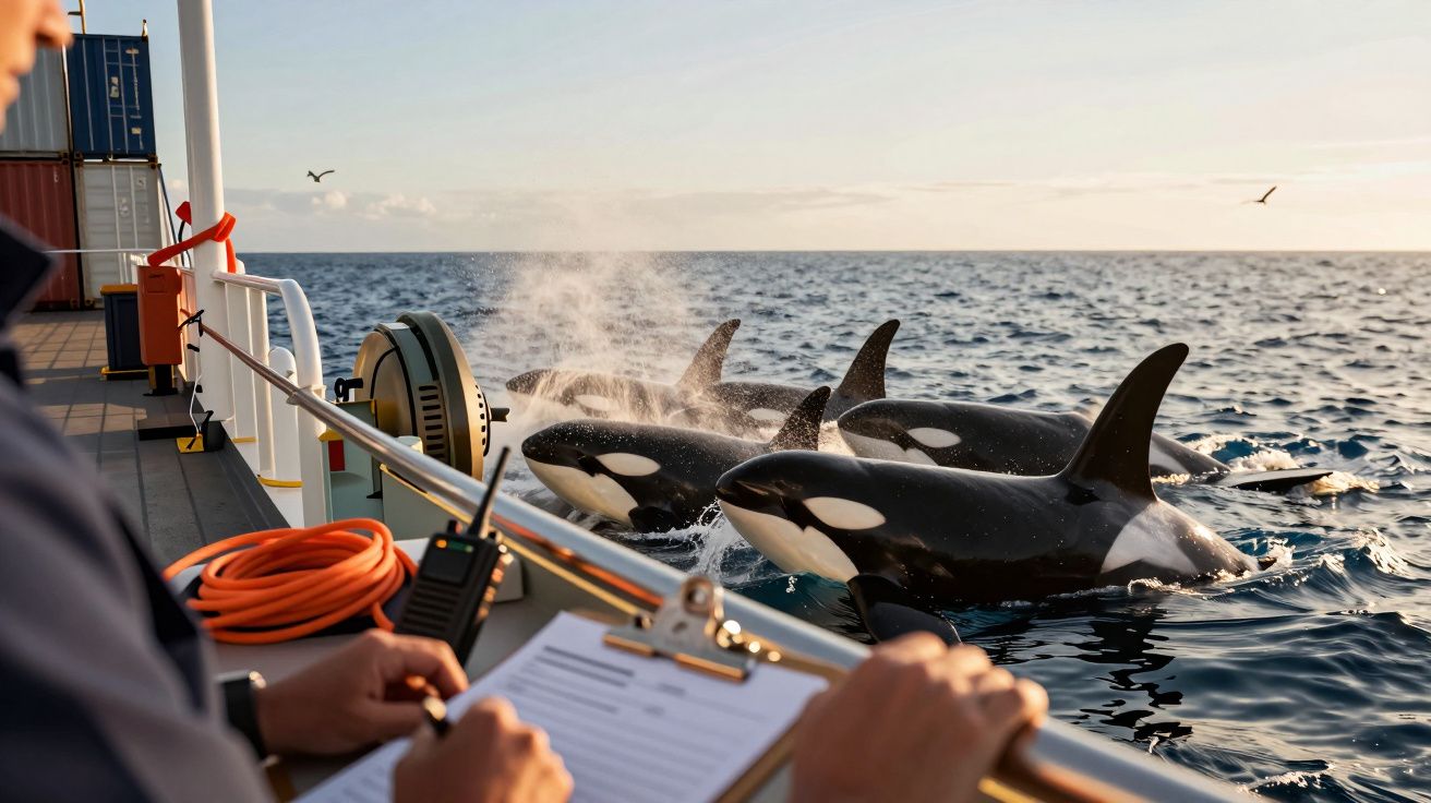 Pessoa observa três orcas ao lado de um barco no mar, com clipboards e equipamentos à frente.