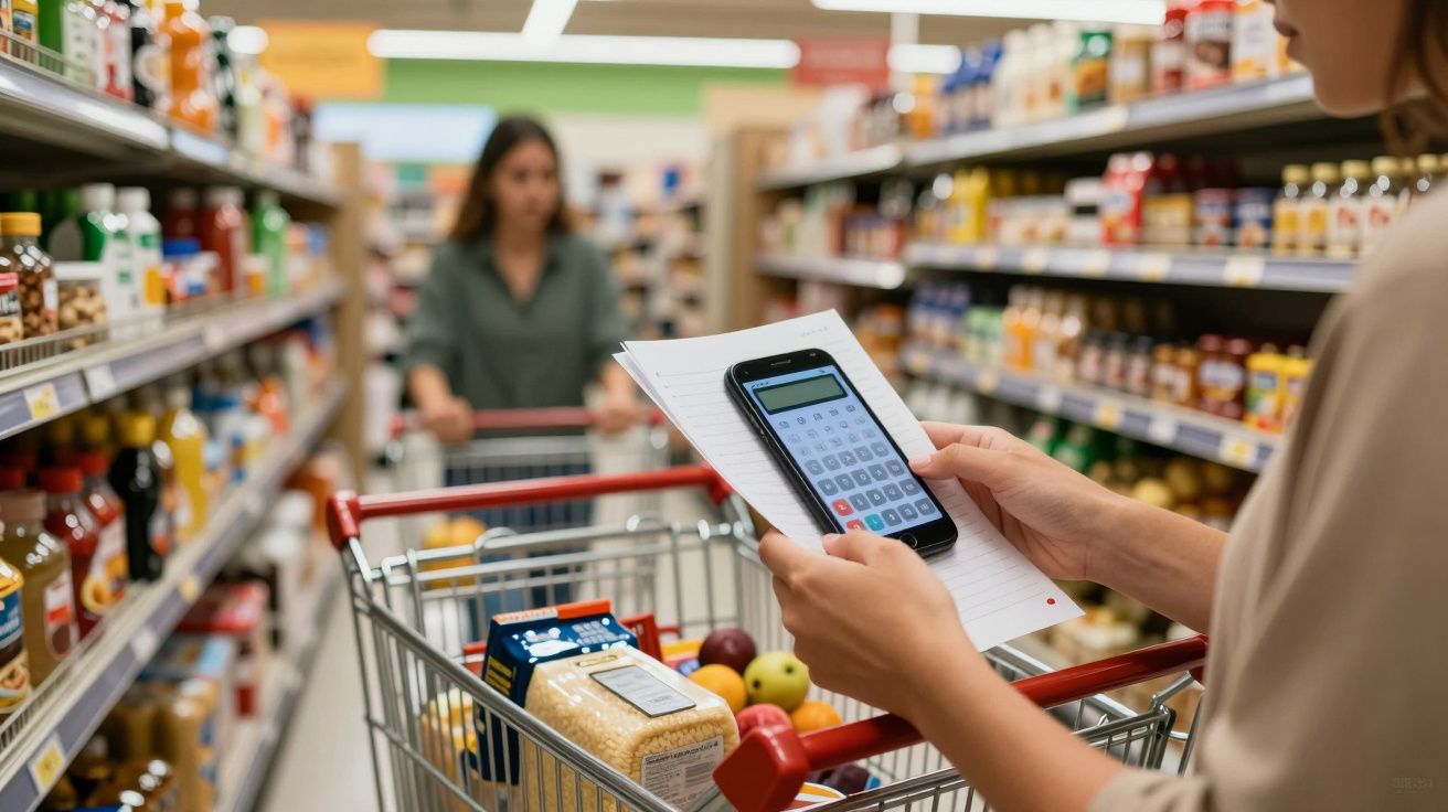 Pessoa faz compras com lista e calculadora no telemóvel, empurrando carrinho cheio num supermercado.