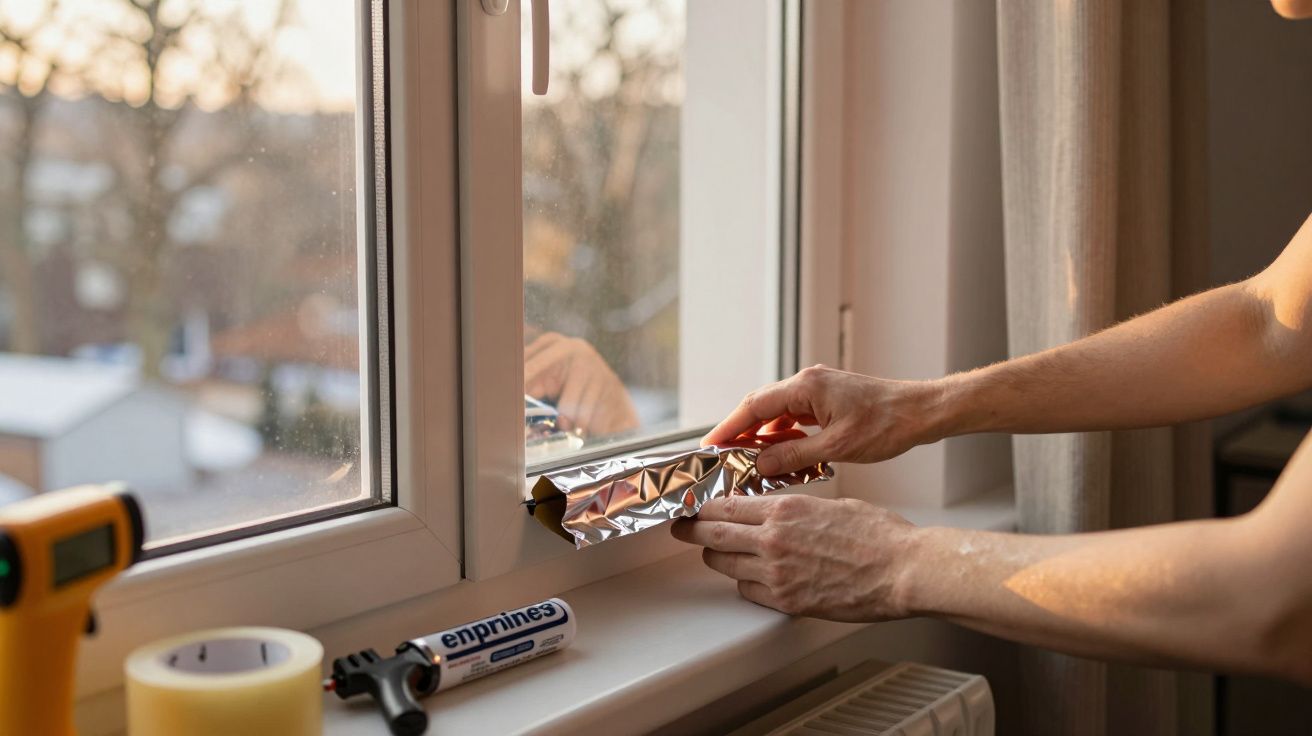 Pessoa coloca folha de alumínio na janela ao lado de fitas adesivas e um marcador.